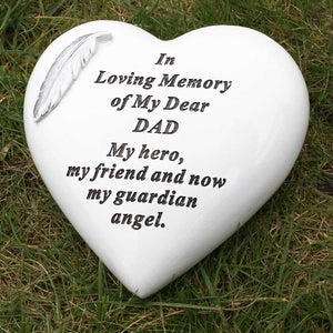 Outdoor Memorial Tribute. Feather embellished Heart. 'In Loving Memory - Dad'.