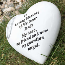 Load image into Gallery viewer, Outdoor Memorial Tribute. Feather embellished Heart. &#39;In Loving Memory - Dad&#39;.