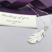 Load image into Gallery viewer, Memorial Necklace. Sterling Silver. Feather Pendant. With Condolence Card.