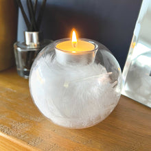 Load image into Gallery viewer, Glass Feather Filled Tea Light Holder