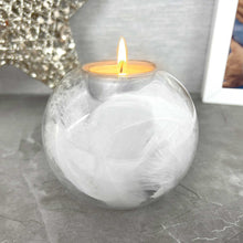Load image into Gallery viewer, Glass Feather Filled Tea Light Holder