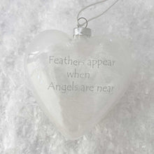Load image into Gallery viewer, White Feather Filled Memorial Glass Heart Bauble 10cm