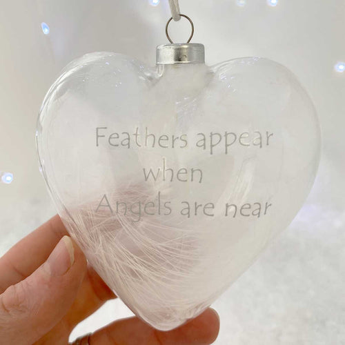 White Feather Filled Memorial Glass Heart Bauble 10cm