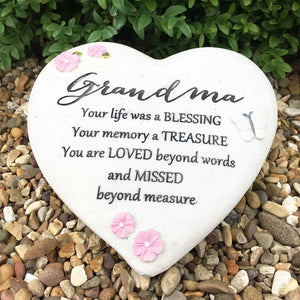 Outdoor Memorial Tribute. Heart Stone. Pink Flower / Butterfly Mofits. 'Grandma'.