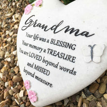 Load image into Gallery viewer, Outdoor Memorial Tribute. Heart Stone. Pink Flower / Butterfly Mofits. &#39;Grandma&#39;.