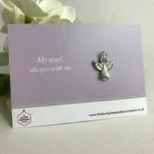 Load image into Gallery viewer, Remembrance Angel pin brooch with &#39;My angel always with me&#39; message card. From The Lovely Keepsake Company Group.