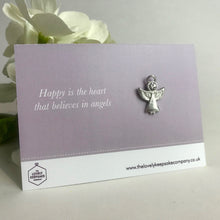 Load image into Gallery viewer, Remembrance Angel pin brooch with &#39;Happy is the heart that believes in angels&#39; message card. From The Lovely Keepsake Company Group.