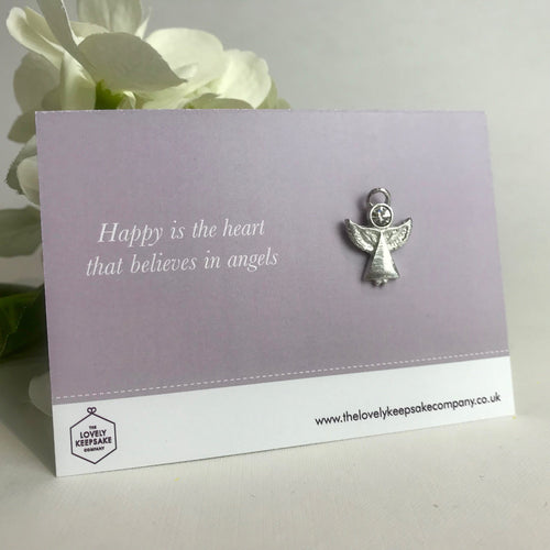 Remembrance Angel pin brooch with 'Happy is the heart that believes in angels' message card. From The Lovely Keepsake Company Group.