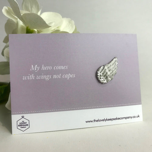 Remembrance Angel Wing Pin Brooch with 'My Hero Comes With Wings Not Capes' Message Card