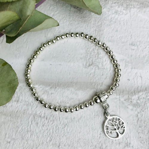 Bracelet. Silver Beads With Open Work Tree Of Life Charm. Comes on Message Card Mounted.