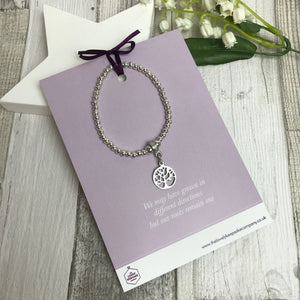 Bracelet. Silver Beads With Open Work Tree Of Life Charm. Message Card Mounted.