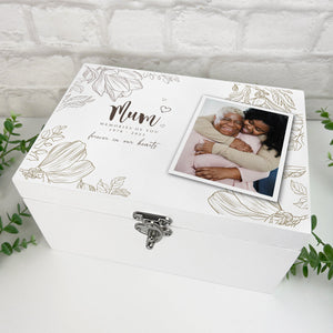 Personalised Luxury Floral White Wooden Memorial Photo Keepsake Memory Box - 2 Sizes