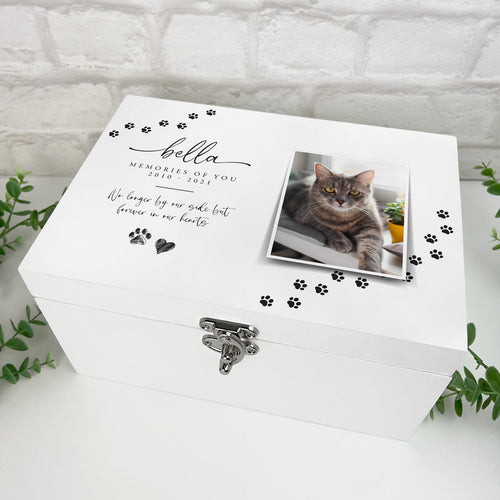 Personalised Paw Prints Luxury Pet Memorial White Wooden Photo Memory Box - 2 Sizes