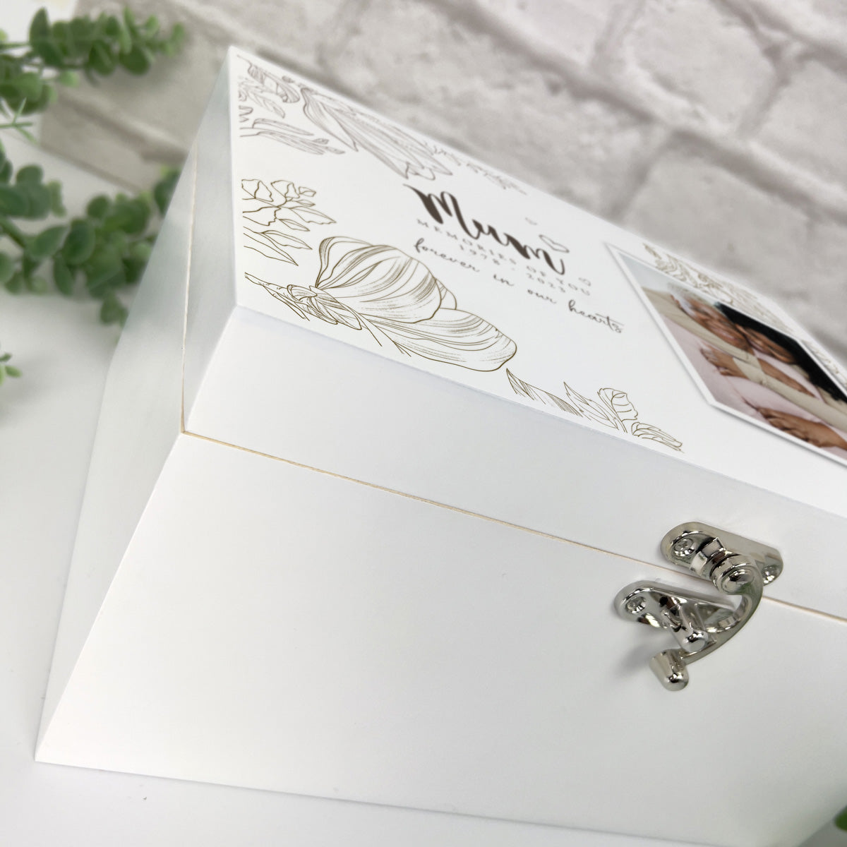 Personalised Floral White Wooden Memorial Photo Keepsake Memory Box - 3 Sizes (22cm | 27cm | 30cm)