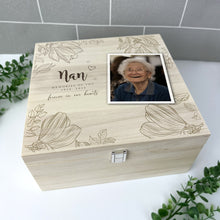 Load image into Gallery viewer, Personalised Luxury 28cm Square Floral Wooden Memorial Photo Keepsake Memory Box