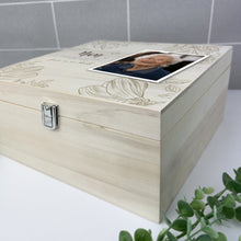 Load image into Gallery viewer, Personalised Luxury 28cm Square Floral Wooden Memorial Photo Keepsake Memory Box