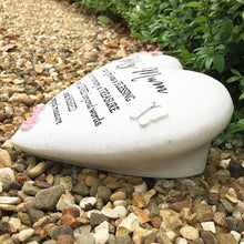 Load image into Gallery viewer, Outdoor Memorial Tribute. Heart Shaped Stone. Pink Flower/Butterfly Mofits. &#39;My Mum&#39;.