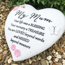 Load image into Gallery viewer, Outdoor Memorial Tribute. Heart Shaped Stone. Pink Flower/Butterfly Mofits. &#39;My Mum&#39;.