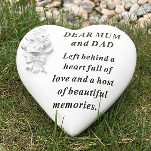 Outdoor Memorial Tribute. Rose Bouquet embellished Heart. 'Dear Mum and Dad'.