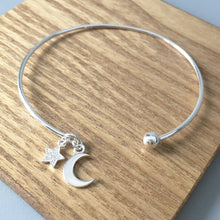 Load image into Gallery viewer, Bangle. Sterling Silver. Moon &amp; Star Charms. Comes in Personalised Gift Box