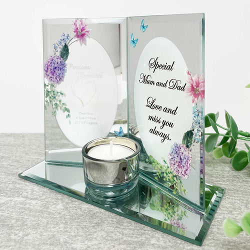 Mirrored Glass Remembrance Picture Frame & Tea Light Holder - Mum & Dad