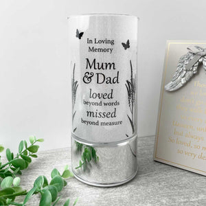 Memorial Indoor Cylinder Lantern. Butterfly Meadow. 'Mum & Dad'.