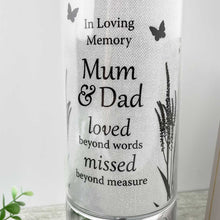 Load image into Gallery viewer, Memorial Indoor Cylinder Lantern. Butterfly Meadow. &#39;Mum &amp; Dad&#39;.