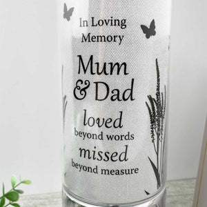 Memorial Indoor Cylinder Lantern. Butterfly Meadow. 'Mum & Dad'.