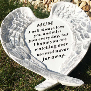 Outdoor Memorial Ornament. White Angel Wings Enfold 'Mum ... Never Far Away'.