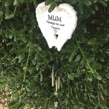 Load image into Gallery viewer, Outdoor Memorial Wind Chimes. White Angel Wings. &#39;MUM Always in our Hearts&#39;.