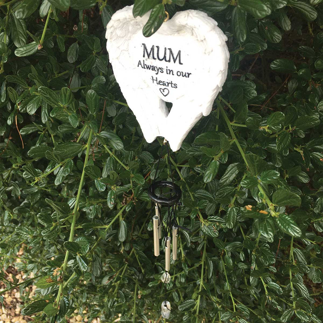 Outdoor Memorial Wind Chimes. White Angel Wings. 'MUM Always in our Hearts'.