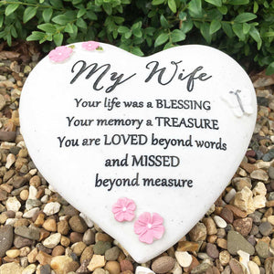 Outdoor Memorial Tribute. Heart Stone. Pink Flower / Butterfly Mofits. 'My Wife'.