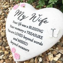 Load image into Gallery viewer, Outdoor Memorial Tribute. Heart Stone. Pink Flower / Butterfly Mofits. &#39;My Wife&#39;.