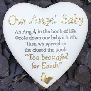 Outdoor Memorial Tribute. White Heart Shaped. Gold Butterfly. 'Our Angel Baby'.