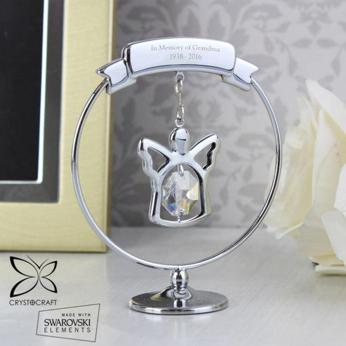 Personalised Memorial Ornament. Silver Angel With Crystal. Your Own Message.