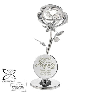 Personalised Memorial Ornament. Silver / Crystal Rose. 'Forever in Our Hearts'.
