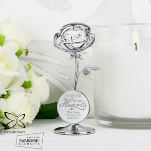 Personalised Memorial Ornament. Silver / Crystal Rose. 'Forever in Our Hearts'.