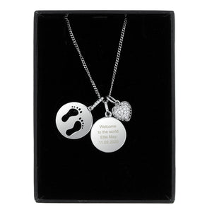 Personalised Necklace. Sterling Silver. Baby Footprints, Heart and Circle Pendants.