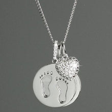 Load image into Gallery viewer, Personalised Necklace. Sterling Silver. Baby Footprints, Heart and Circle Pendants.