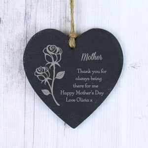 Personalised Hanging Heart Memorial Plaque. Slate. Rose Motif. Your Own Message.