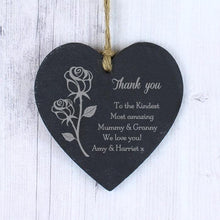 Load image into Gallery viewer, Personalised Hanging Heart Memorial Plaque. Slate. Rose Motif. Your Own Message.