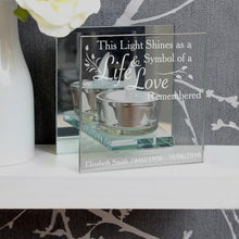 Load image into Gallery viewer, Personalised Memorial Tea light Holder. Leaf Motif, Mirrored. &#39;Life &amp; Love Remembered&#39;.