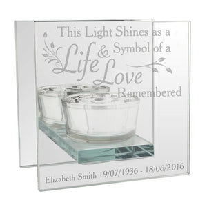 Personalised Memorial Tea light Holder. Leaf Motif, Mirrored. 'Life & Love Remembered'.