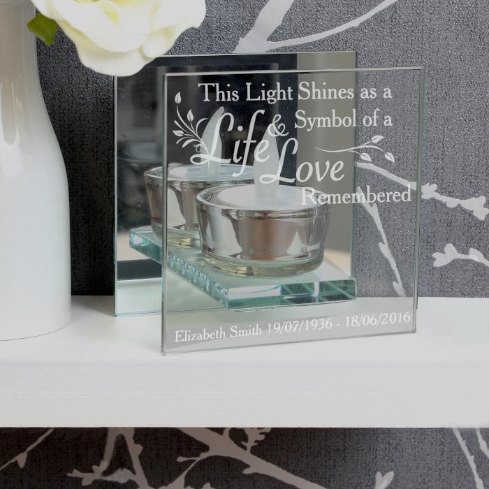 Personalised Memorial Tea light Holder. Leaf Motif, Mirrored. 'Life & Love Remembered'.
