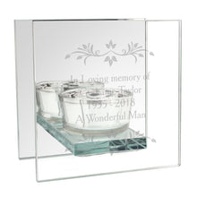 Load image into Gallery viewer, Personalised Memorial Tea light Holder. Leaf Motif, Mirrored. Your Message.