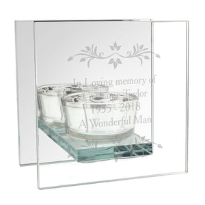 Personalised Memorial Tea light Holder. Leaf Motif, Mirrored. Your Message.