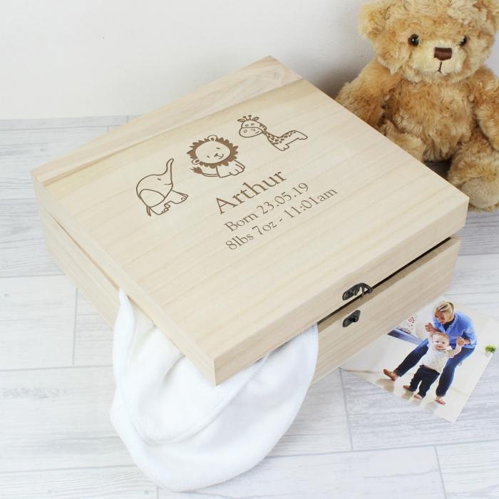 Personalised Memorys & Keepsake Box. Wood. Child Animal Icons.