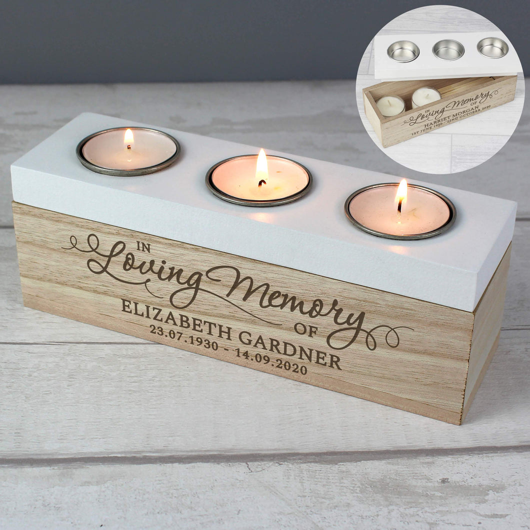 Personalised Triple Tea Light, Wooden, Trinket Box. 'In Loving Memory'