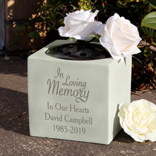 Load image into Gallery viewer, Personalised Graveside / Memorial Flower Holder. Cream coloured stone effect resin. 13.8cm/5.5inch square. &#39;In Loving Memory&#39;.