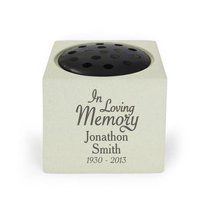 Personalised Graveside / Memorial Flower Holder. Cream coloured stone effect resin. 13.8cm/5.5inch square. 'In Loving Memory'. With your own inscription.
